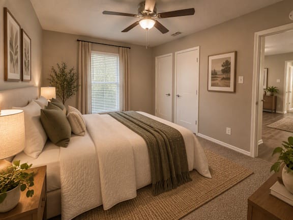 A bedroom with a bed, a ceiling fan, and a rug.