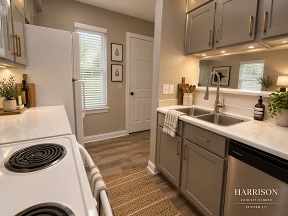 A kitchen with a white stove and a sink.