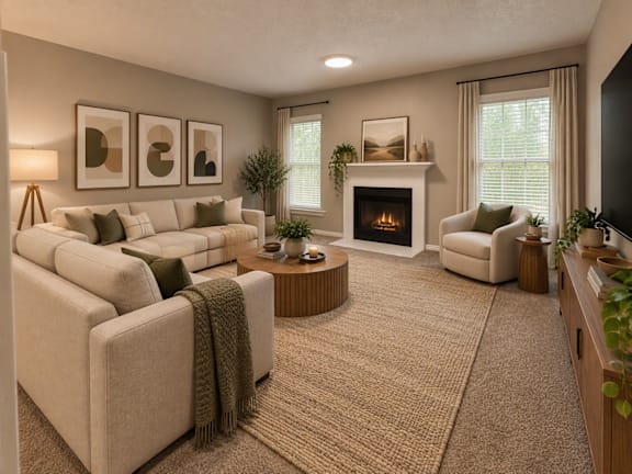 A living room with a fireplace, two couches, and a coffee table.