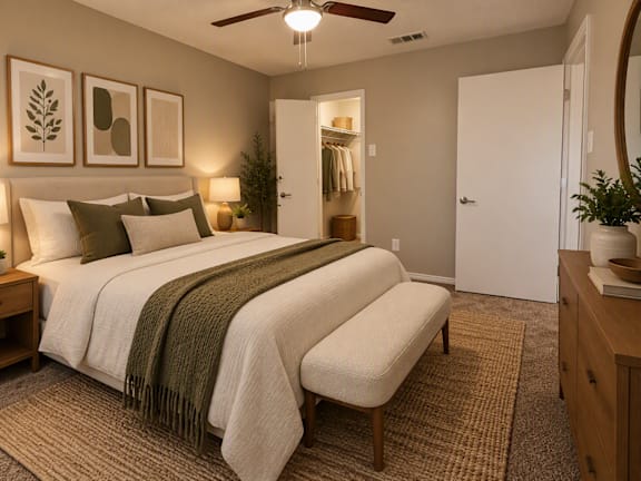 A bedroom with a large bed and a ceiling fan.