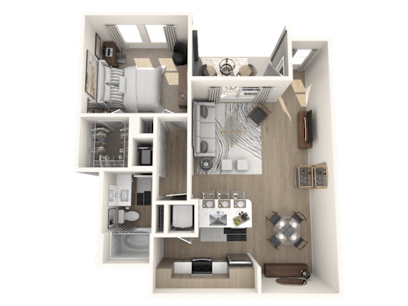 A 3D floor plan of a small apartment with a kitchen, living room, and bedroom