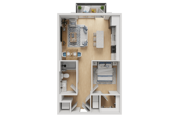 A 3D floor plan of a small apartment with a kitchen, living room, and bedrooms.