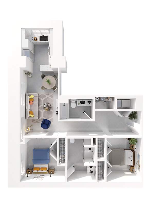 A white floor plan of a house with a kitchen, living room, and bathroom.