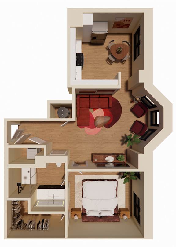 A top-down view of a small apartment with a bedroom, living room, and kitchen.