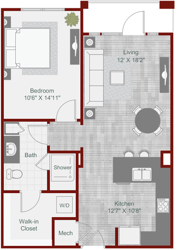 A floor plan of a house with a living room, kitchen, bathroom, bedroom and walk-in closet.