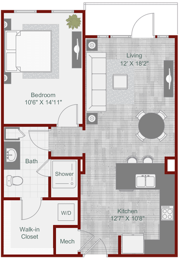 A floor plan of a living space with a kitchen, bathroom, and bedroom.