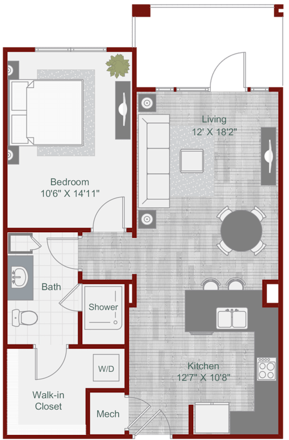 A floor plan of a house with a living room, bedroom, bathroom, kitchen, walk-in closet, and a mech.