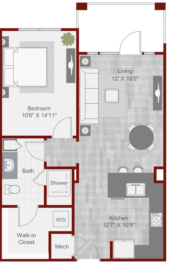 A floor plan of a house with a living room, bedroom, bathroom, kitchen, and walk-in closet.
