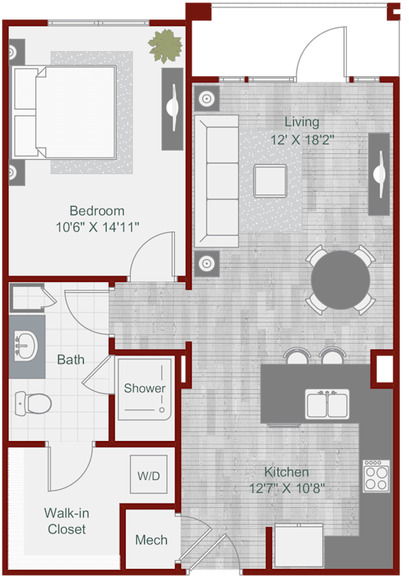 A floor plan of a living space with a bedroom, bathroom, kitchen, and walk-in closet.
