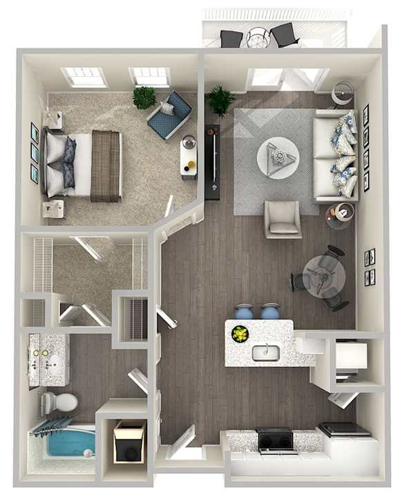A top-down view of a small apartment with a living room, kitchen, and bathroom.