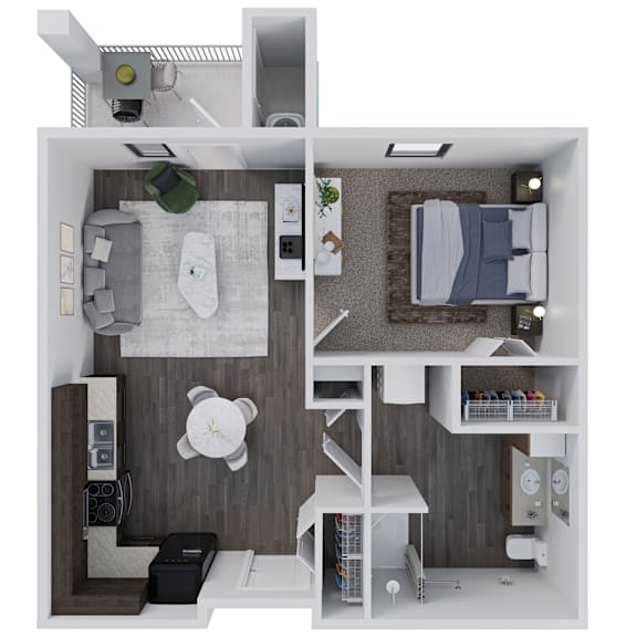 A 3D rendered image of a modern bedroom with a bed, nightstand, and shelves.