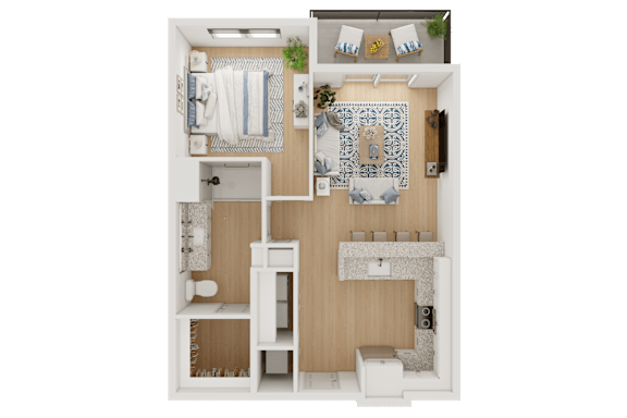 A top-down view of a small, neatly organized apartment with a kitchen, living room, and bathroom.