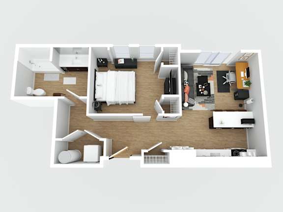 A top-down view of a modern apartment layout with a kitchen, living room, and bedrooms.