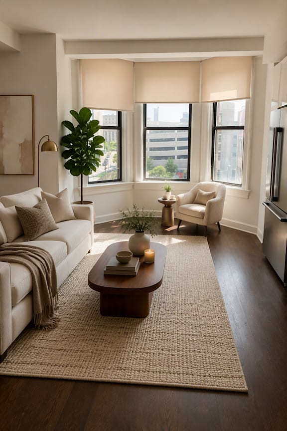A living room with a large window, a couch, a coffee table, and a potted plant.