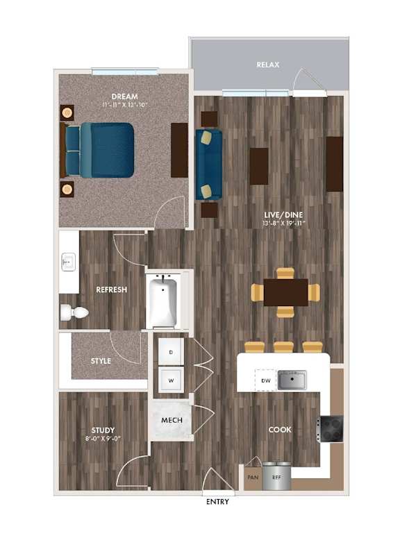 A floor plan of a house with labeled rooms such as "DREAM", "REFRESH", "STYLE", "MECH", "COOK", "DW", "ENTRY", and "LIVE/DINE