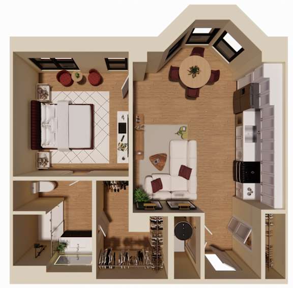 A series of images showing different layouts of a kitchen and living room.