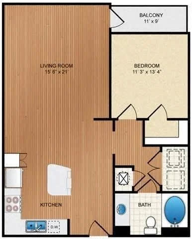 A floor plan of a small apartment with a living room, bedroom, kitchen, and bathroom.
