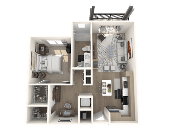 A 3D floor plan of a small apartment with a kitchen, living room, and bathroom