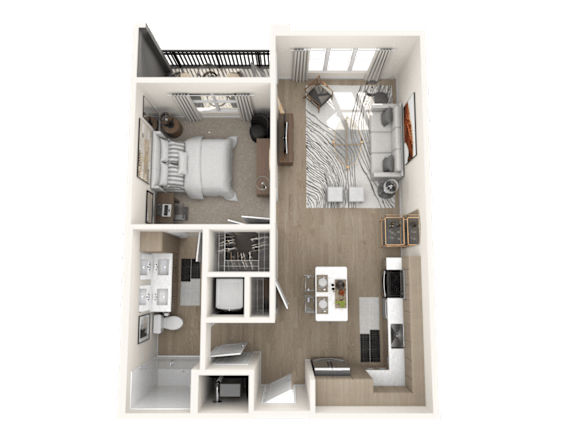 A 3D floor plan of a small apartment with a kitchen, living room, and bathroom