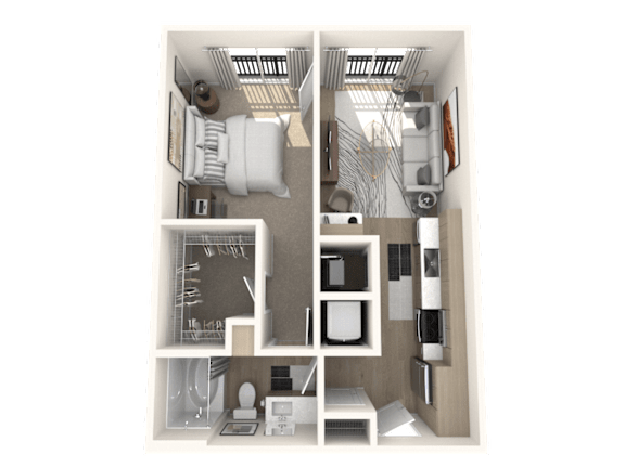 A 3D floor plan of a small apartment with a kitchen, living room, and bathroom