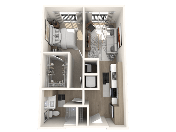 Floor Plan  A 3D floor plan of a small apartment with a kitchen, living room, and bathroom