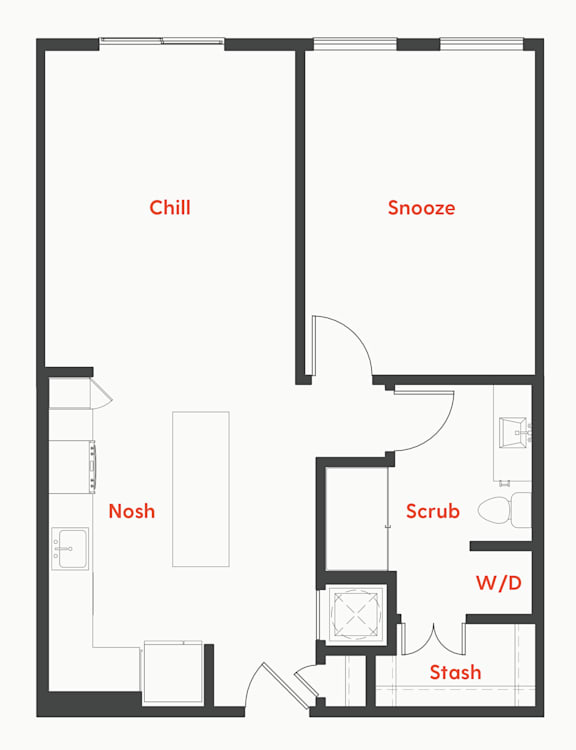 A floor plan of a room with labeled rooms such as Chill, Snooze, Nosh, Scrub, W/D, and Stash.