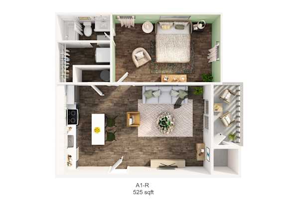 A1-R 525 sqft floor plan with a living room, kitchen, and bathroom.