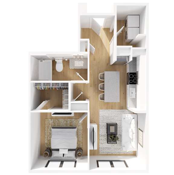 A modern apartment with a kitchen, living room, and bathroom.