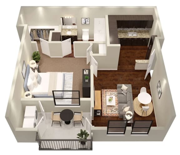 3d view of the living room and dining room of a 1 bedroom apartment