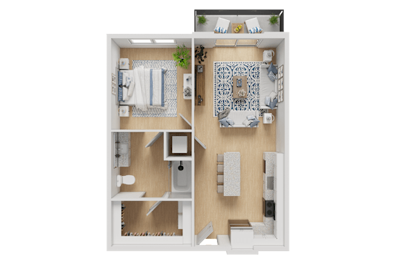 A 3D floor plan of a small apartment with a kitchen, living room, and bathroom.