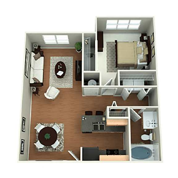 A floor plan of a small apartment with a kitchen, living room, and bathroom.