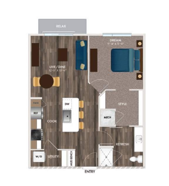 A floor plan of a house with labeled rooms such as RELAX, DREAM, and COOK.