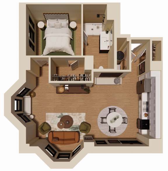A top-down view of a small apartment layout with a bedroom, living room, kitchen, and bathroom.