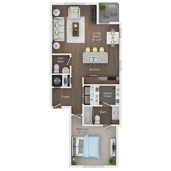 A floor plan of a small apartment with a living room, kitchen, bathroom, and bedroom.
