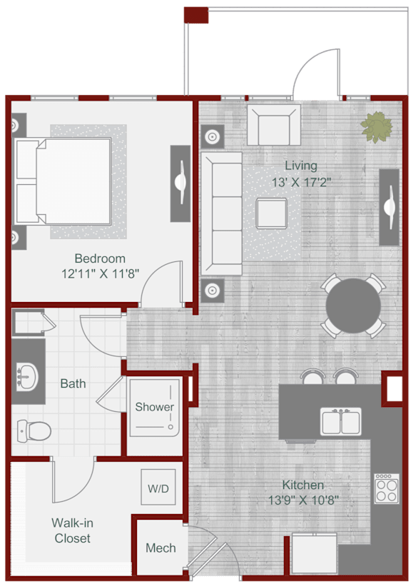 A floor plan of a house with a living room, kitchen, bathroom, and bedroom.