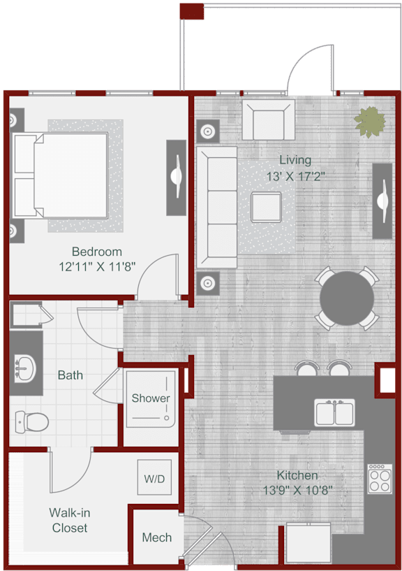 A floor plan of a house with a living room, bedroom, bathroom, kitchen, and walk-in closet.