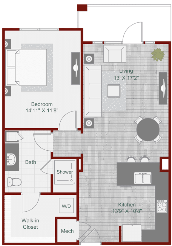 A floor plan of a small apartment with a living room, kitchen, bathroom, and bedroom.