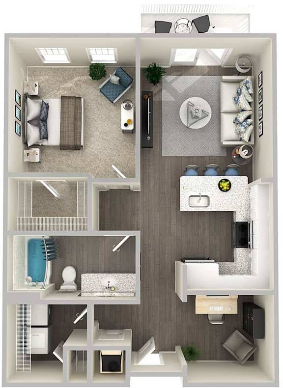 A 3D floor plan of a small apartment with a kitchen, living room, and bathroom.