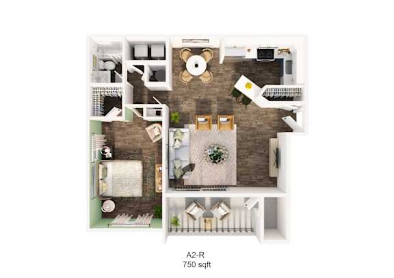 A 3D floor plan of an apartment with a living room, kitchen, dining area, and bedrooms.
