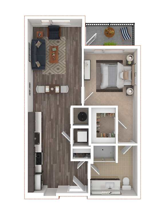 A top-down view of a small apartment with a kitchen, living room, and bedroom.