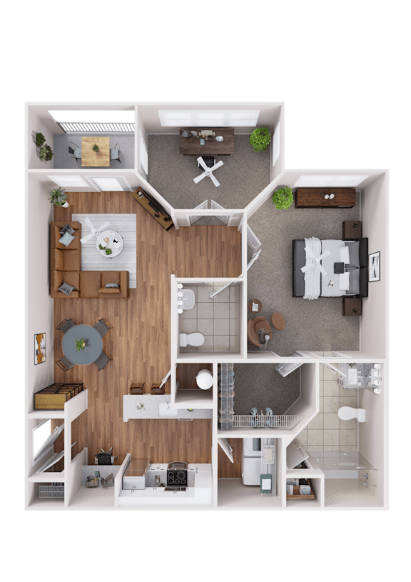 A detailed 3D floor plan of a small apartment with a kitchen, living room, and bedroom.