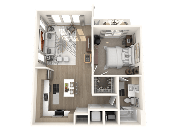 Floor Plan  A 3D floor plan of a small apartment with a kitchen, living room, and bedroom