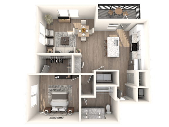 A 3D floor plan of a house showing a kitchen, living room, and bathroom.