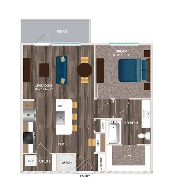 A floor plan of a small apartment layout with a living room, dining room, kitchen, and bathroom.