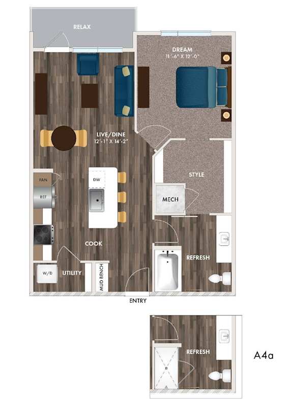 A floor plan of an apartment with a living room, dining room, kitchen, and bathroom.