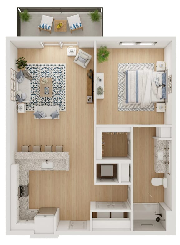 A top-down view of a small apartment with a kitchen, living room, and bathroom.