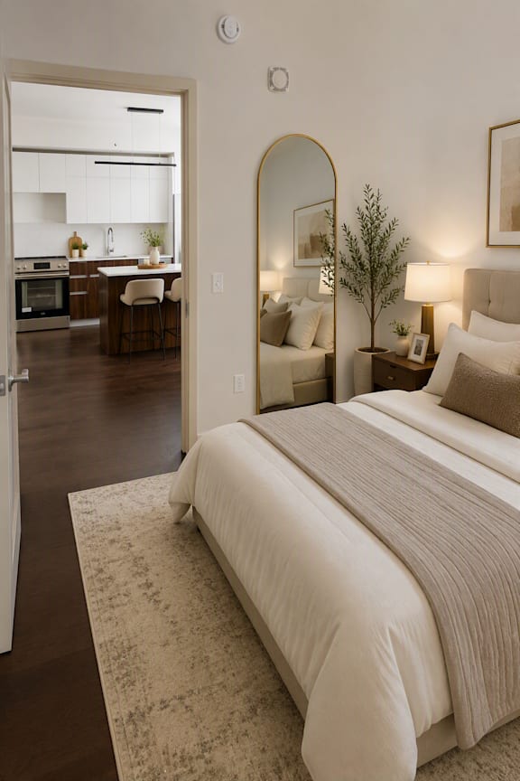A bedroom with a large bed and a view of the kitchen through an open door.
