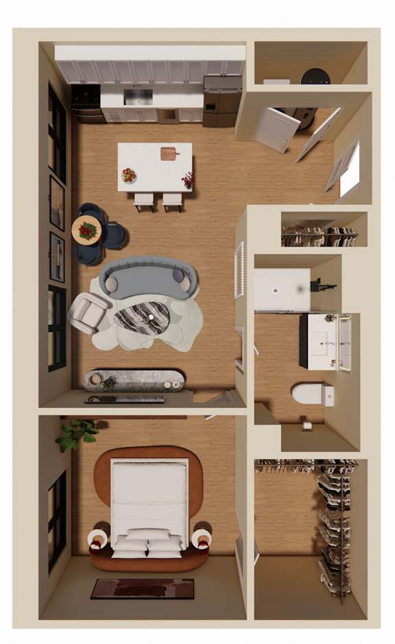 A series of images showing different views of a room with a desk, chair, and shelves.