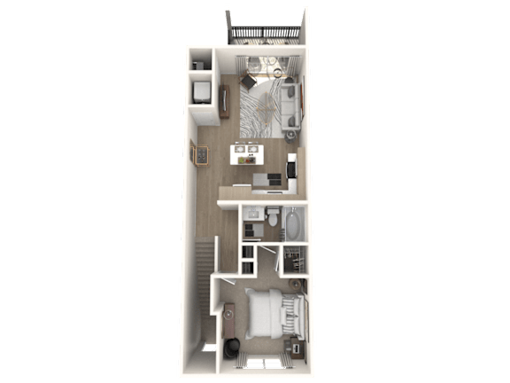 Floor Plan  A 3D floor plan of a small apartment with a kitchen, living room, and bathroom