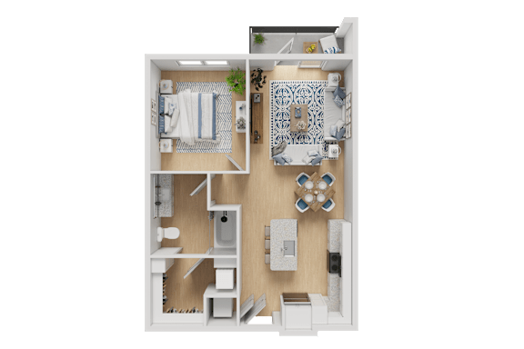 A floor plan of a room with a bed, a couch, a dining table, and a kitchen area.